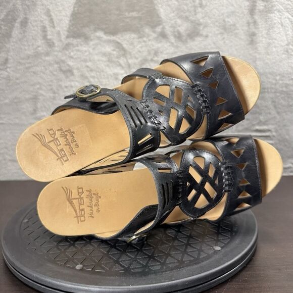 Dansko Womens Size 10-10.5 Oralee Black Cutout Boho Wood Chunky Heel Mules - Picture 5 of 7